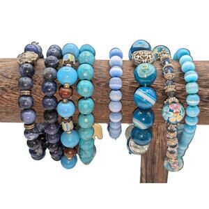 Lot of Eight Blue Theme Stone & Glass Bead Bracelets